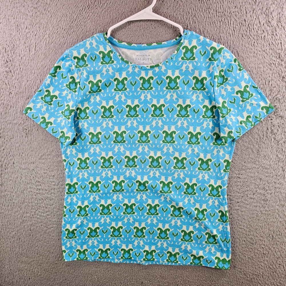 Talbots Women Blue Green Ikat Damask Short Sleeve Crew Neck Tee Shirt M